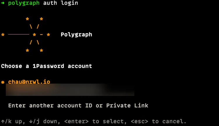 The 1Password account picker with chau@nrwl.io selected