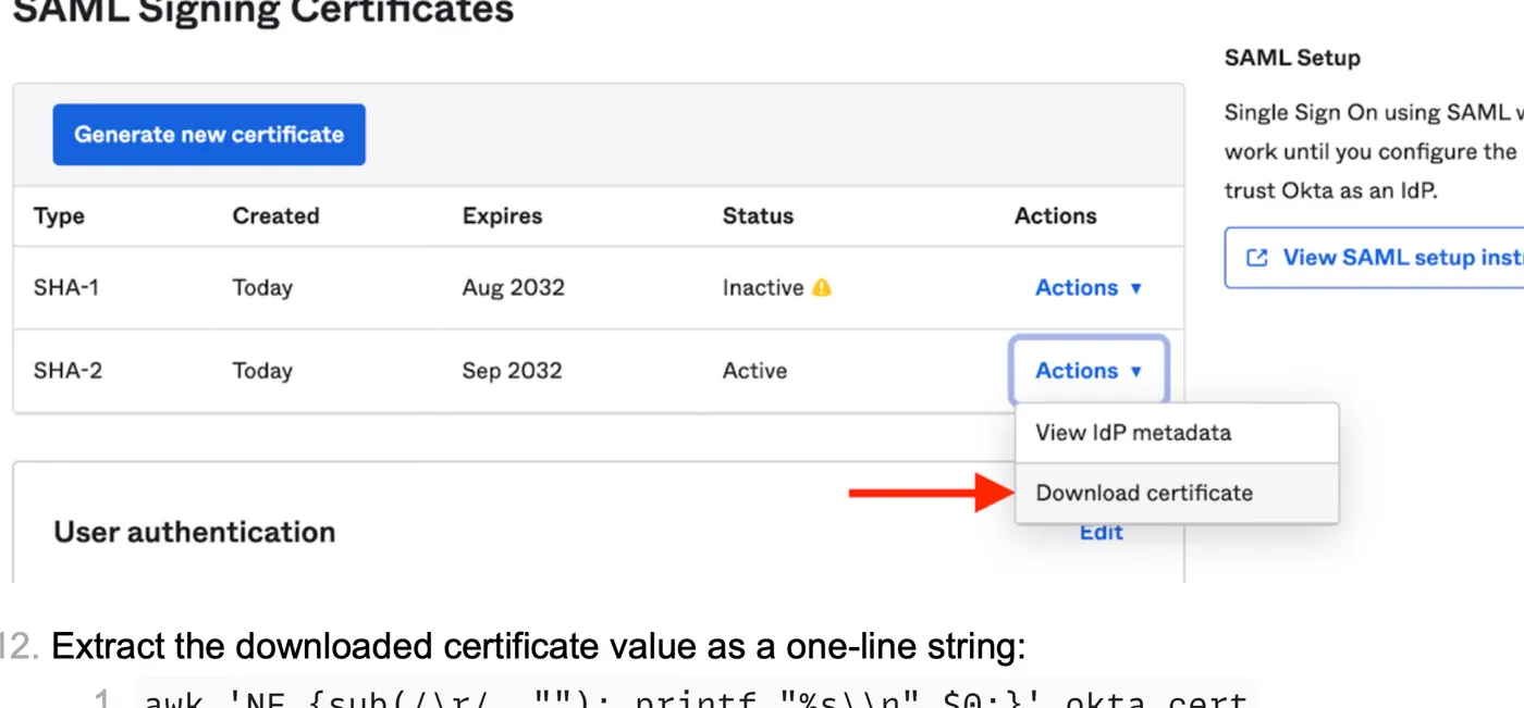 Download the active SAML signing certificate