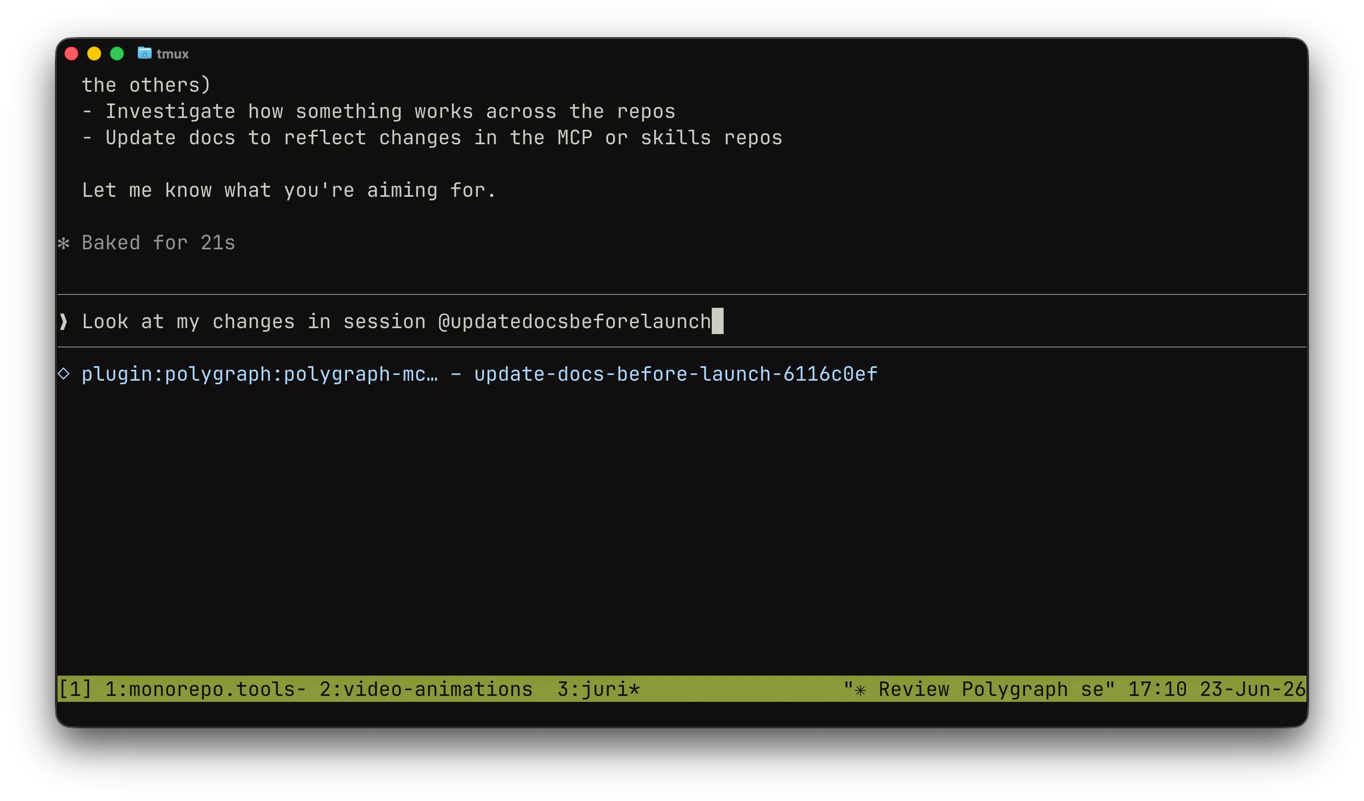 Referencing a prior session in Claude Code: typing @ surfaces the Polygraph session resource, here the update-docs-before-launch session, to pull in as context