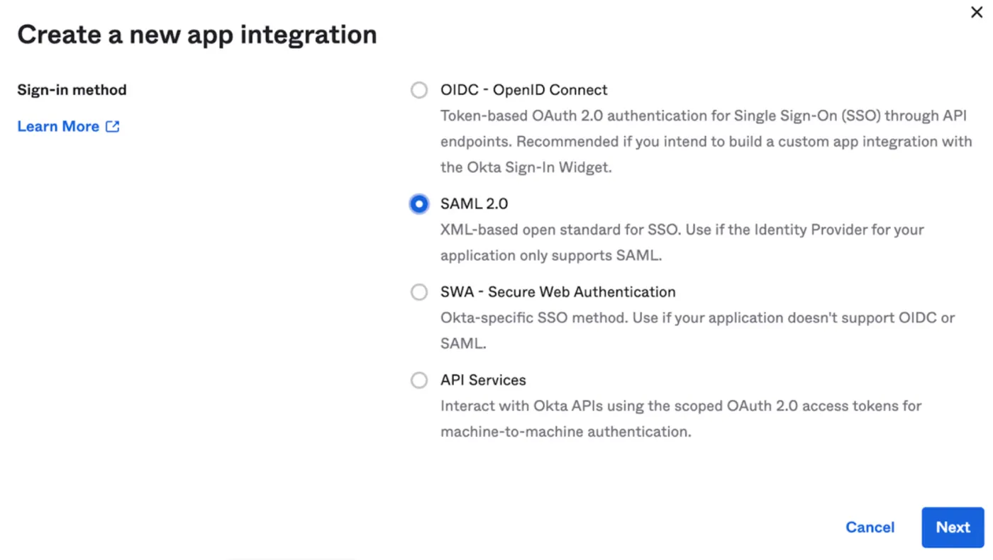 Select SAML 2.0 as the sign-in method