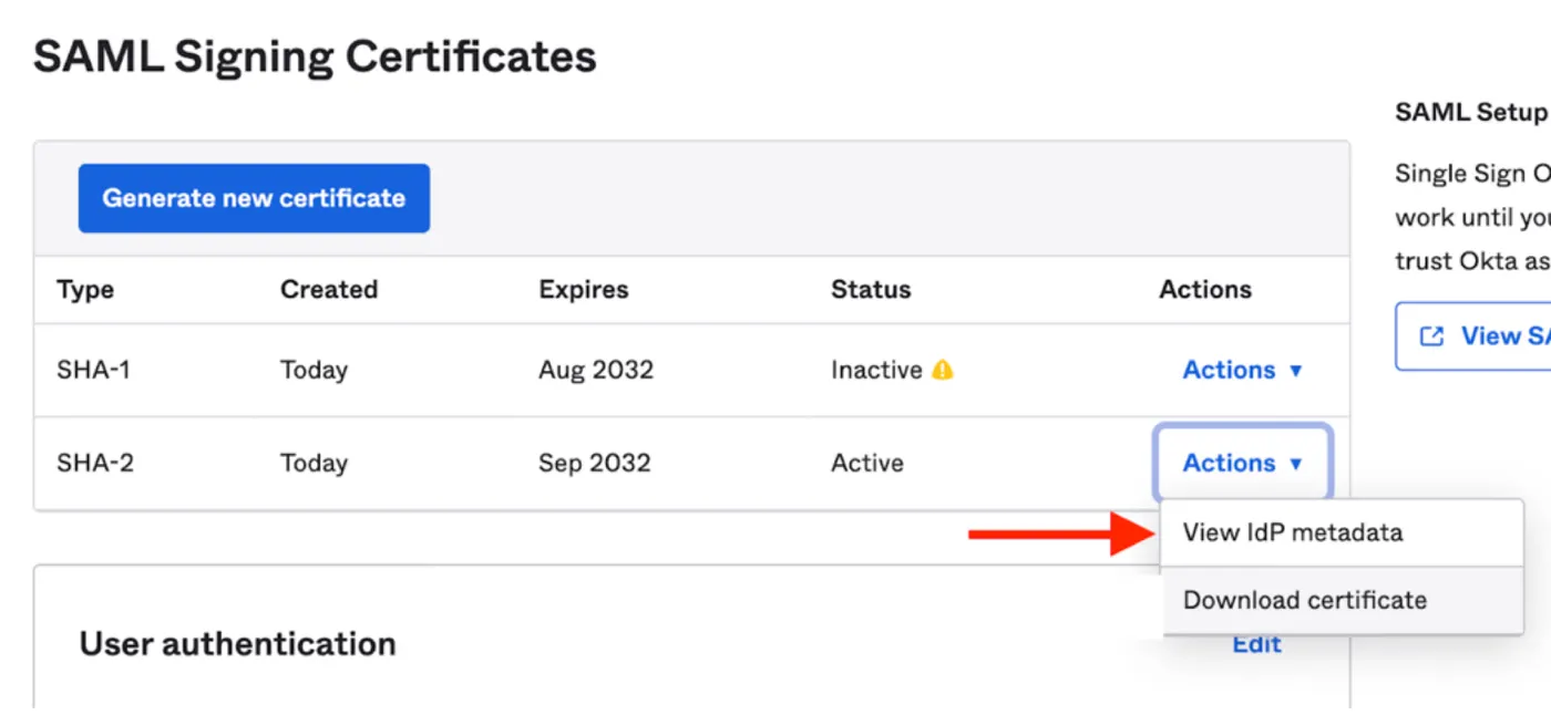 View the identity provider metadata for the active certificate